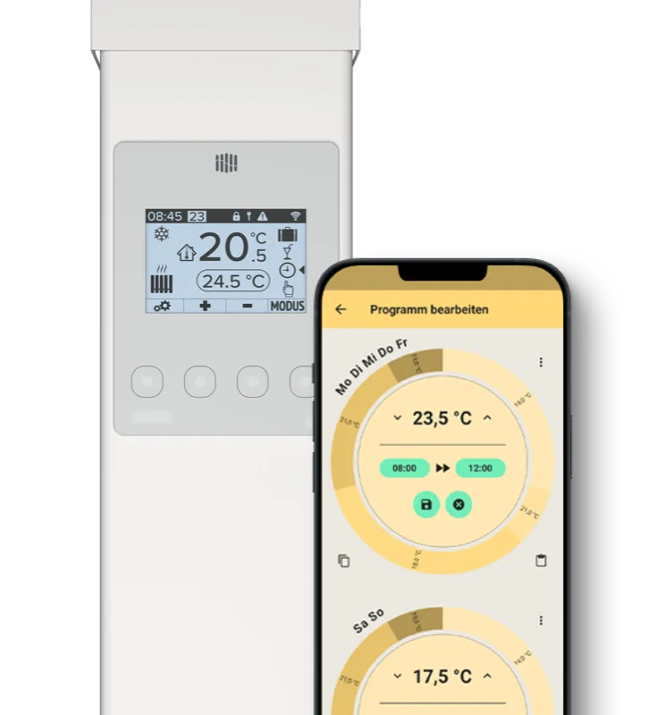 FlexiSmart-Steuerung mit Display am Heizkörper und Heizplan in der Smartphone-App